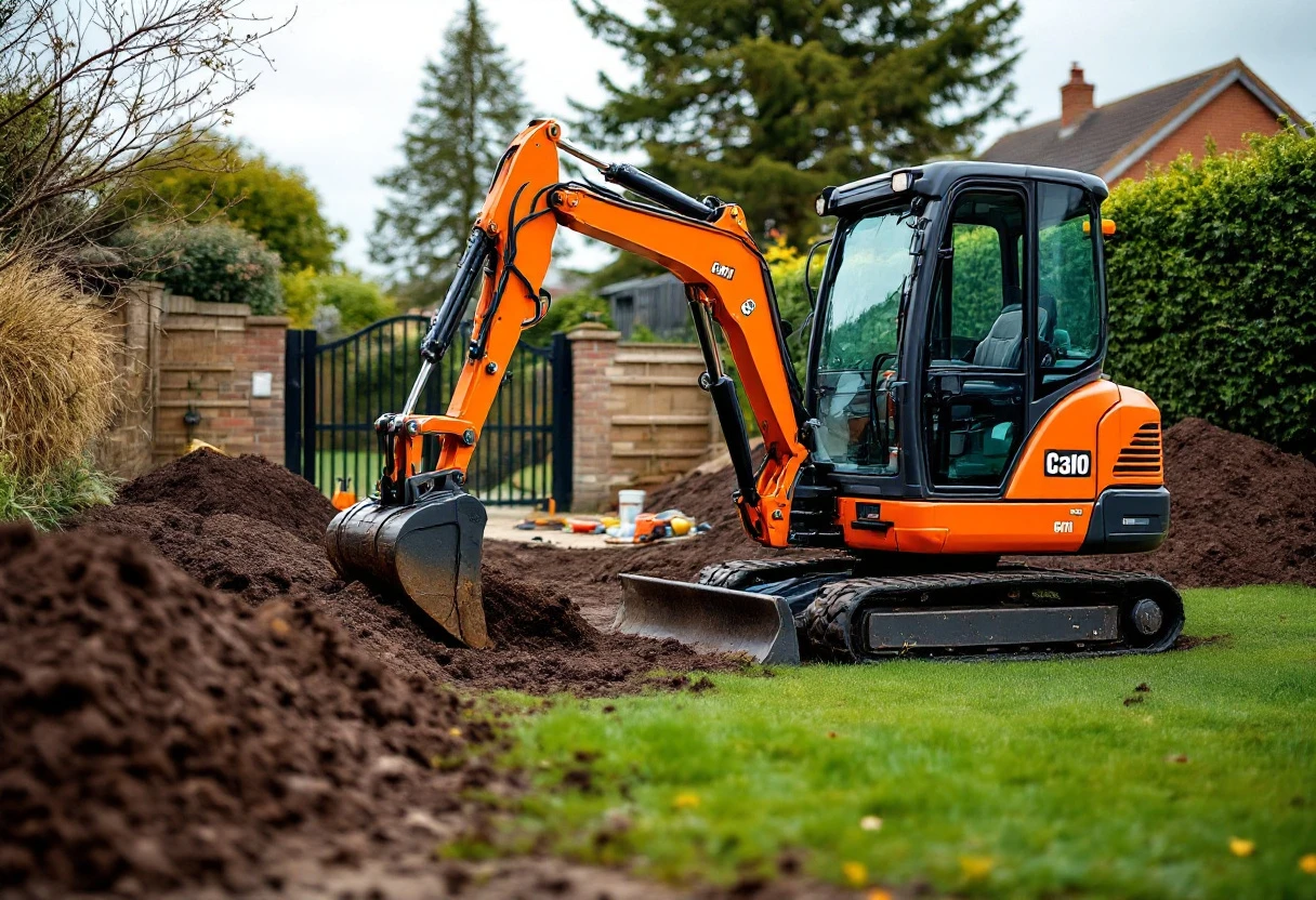 Mini digger working on a garden site